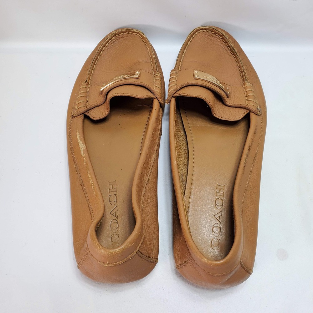 Coach Fredrica Loafers‎ Women 7.5B Tan Leather Gold Logo Driving Moccasins A5175 - Picture 5 of 8